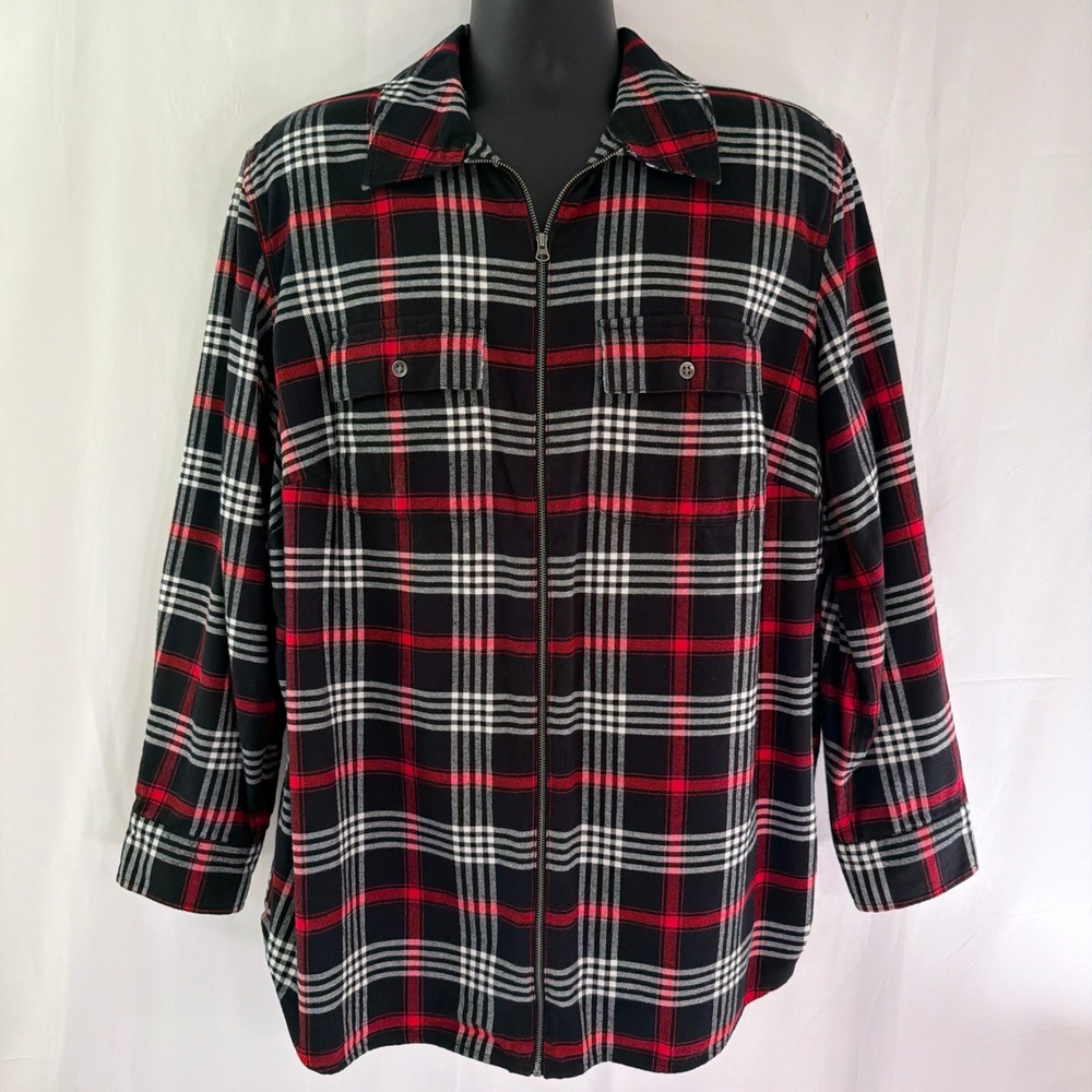 Chaps Womens Red Black White Plaid Full Zip Flannel Shirt Jacket Size XL